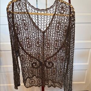 Boho Crochet Beaded Cardigan Bronze Open Knit Sheer Festival Top